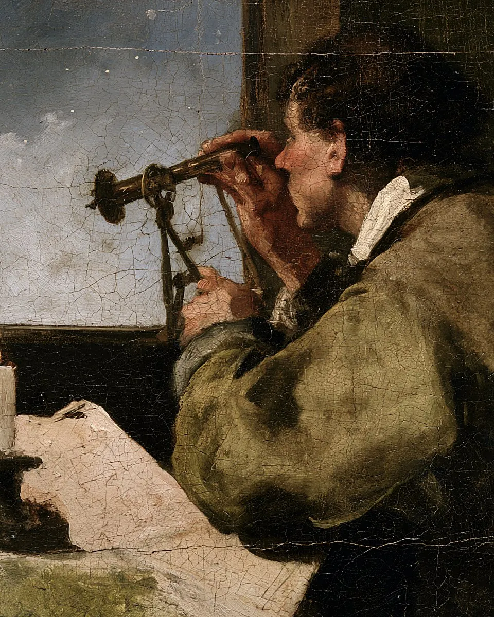 Recorte de pintura a óleo: um homem observa o horizonte com um sextante junto à janela.