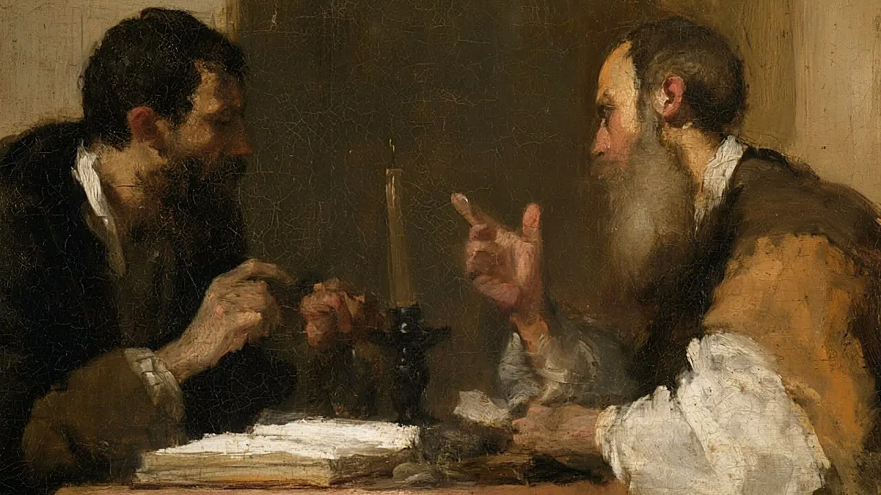 Recorte de pintura a óleo: dois homens conversam à mesa, à luz de uma vela.
